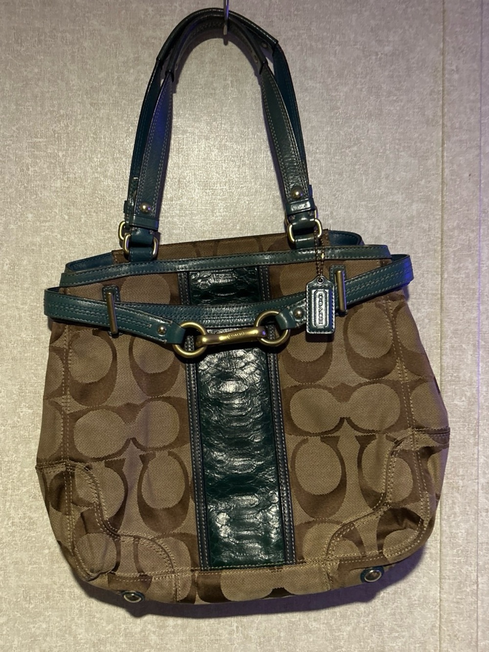 Coach Hampton Jackie Signature Canvas Tote with Emerald Python Trim